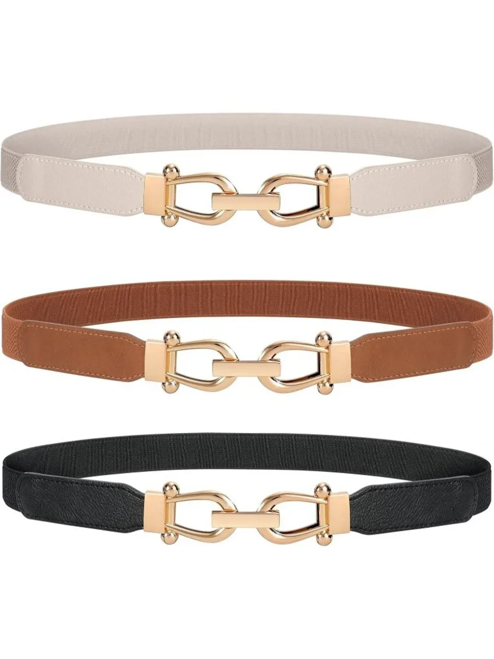 Women's Black Brown Beige Retro Stretch Adjustable Belt 3-Pcs With Gold Buckle